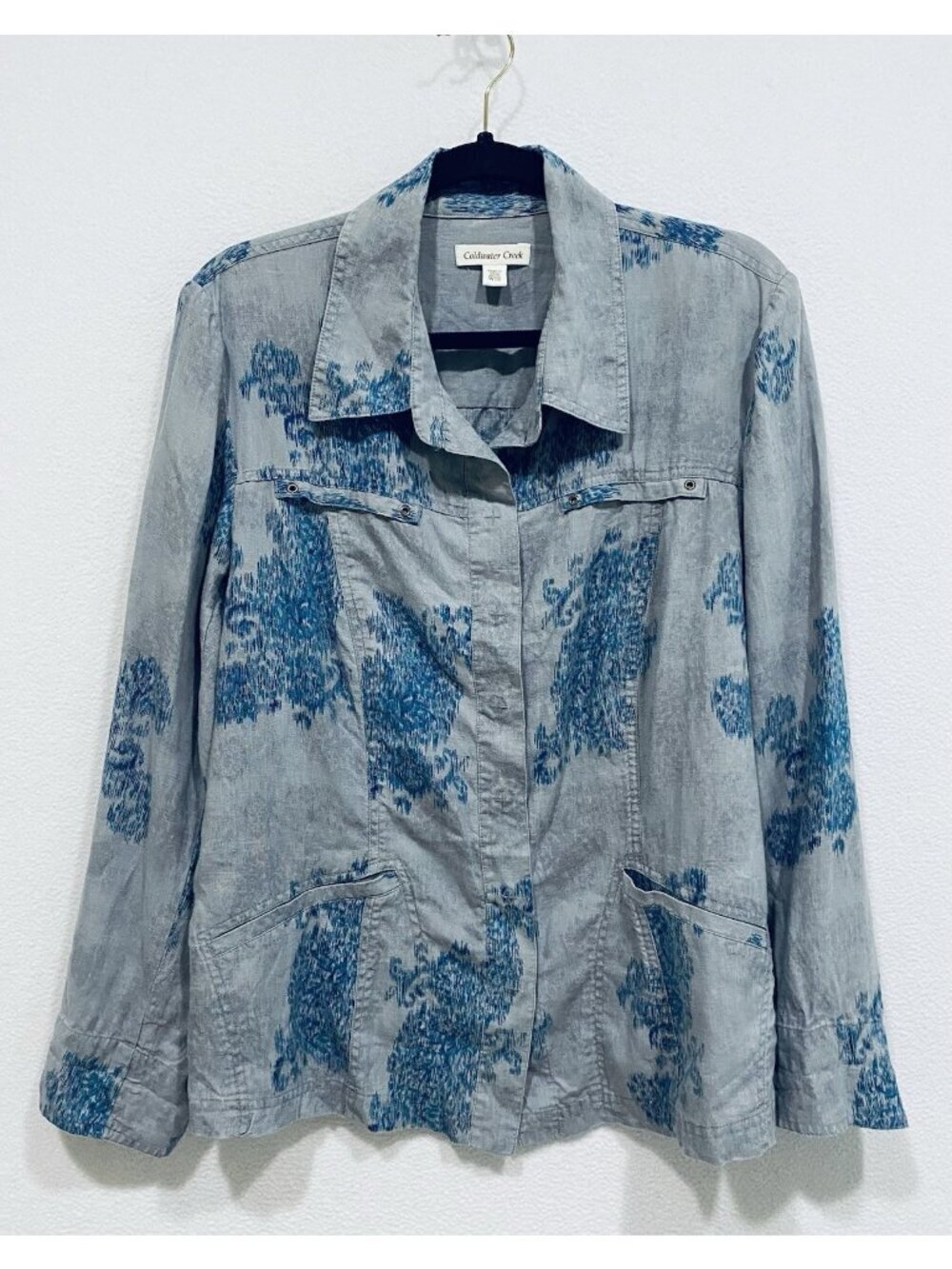 Coldwater Creek Jacket Womens 18 Blue Watercolor Floral Snap Front Linen Boho